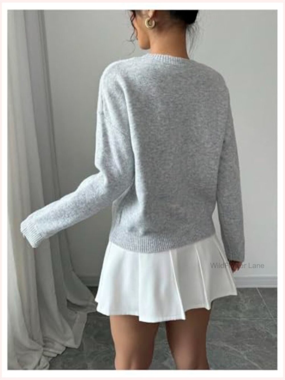 3D Floral Appliques Crewneck Sweater Long Sleeve Drop Shoulder Pullover Knit Top - Picture 2 of 5